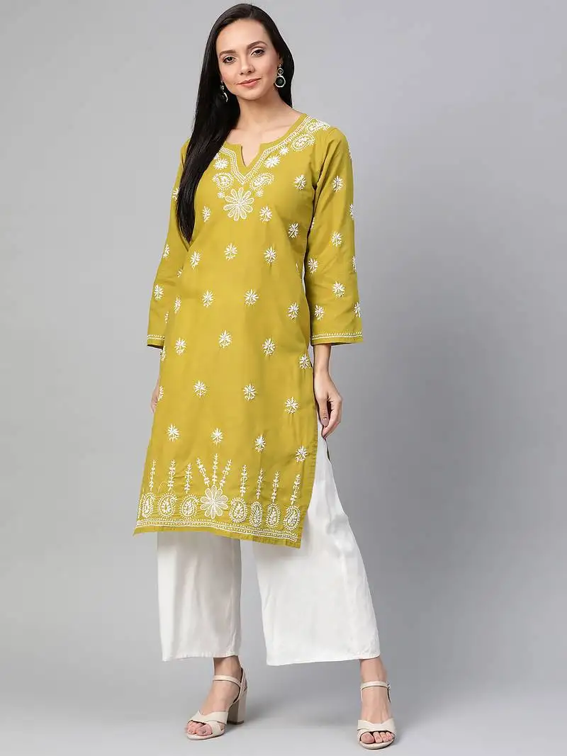 Hand embroidered mehndi green cotton lucknowi chikankari straight kurta