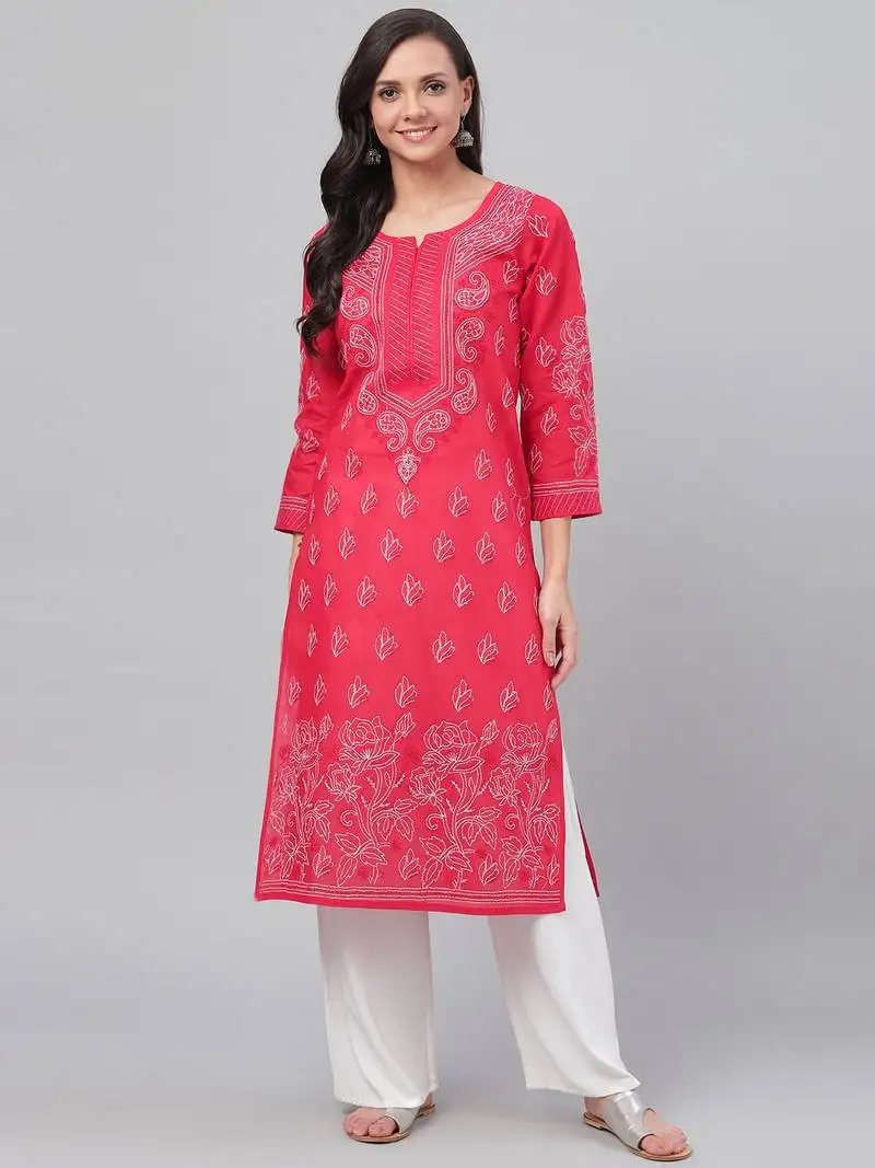 Hand embroidered red cotton lucknowi chikankari straight kurta