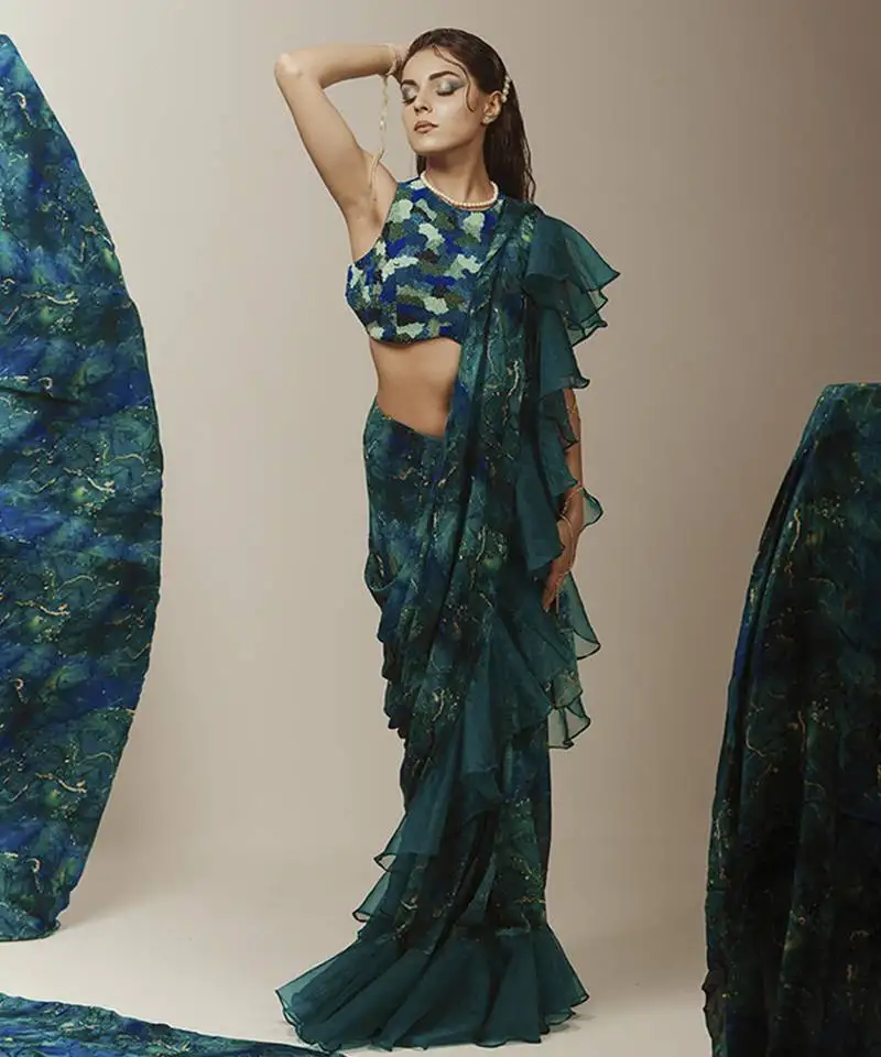 Blue georgette printed saree