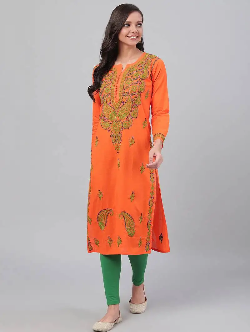 Hand embroidered orange cotton lucknowi chikankari straight kurta
