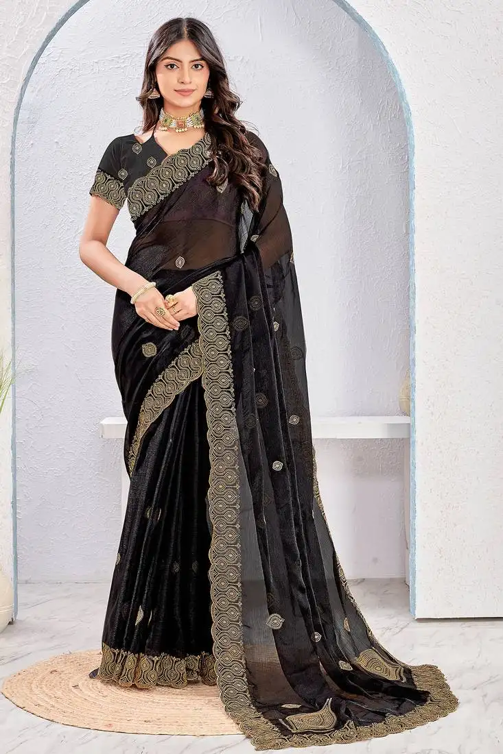 Black two tone silk zari embroidered saree with blouse