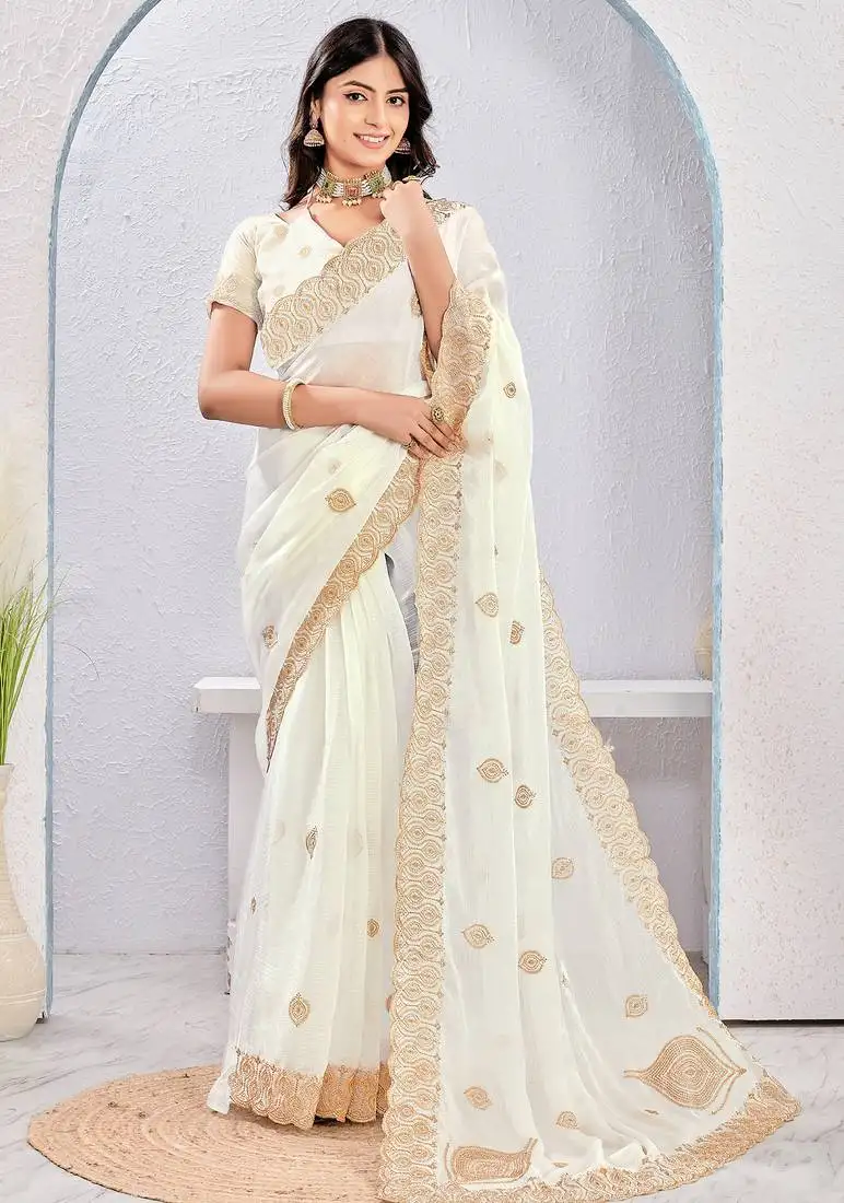 White two tone silk zari embroidered saree with blouse