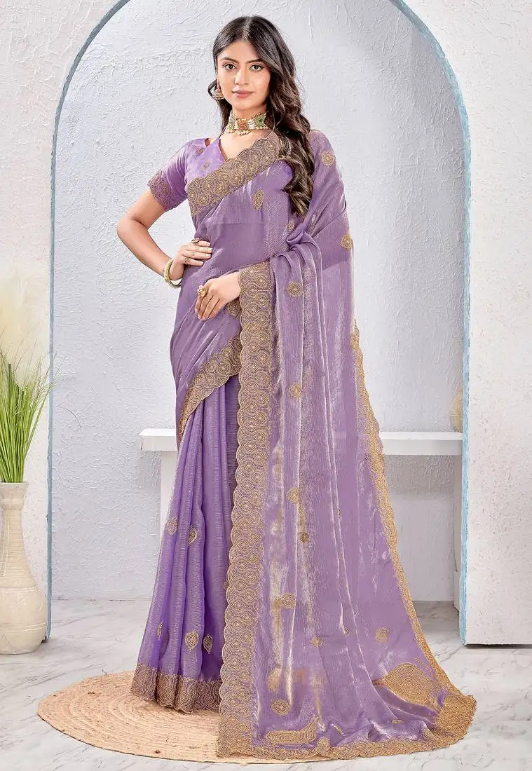 Lavender two tone silk zari embroidered saree with blouse