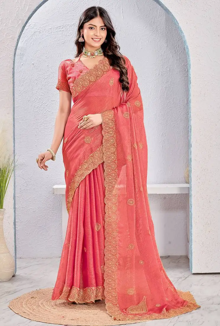 Pink two tone silk zari embroidered saree with blouse