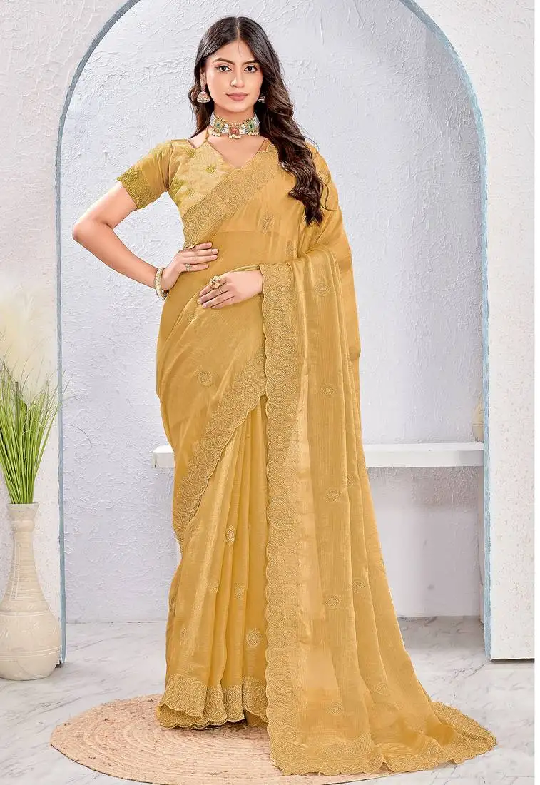 Beige two tone silk zari embroidered saree with blouse