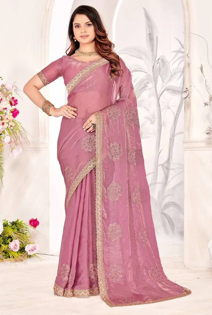 Pink sequin resham stone embroidered two tone silk saree with blouse