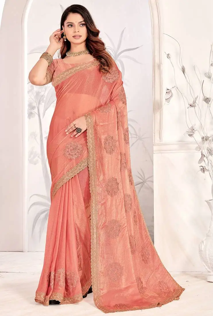 Peach sequin resham stone embroidered two tone silk saree with blouse