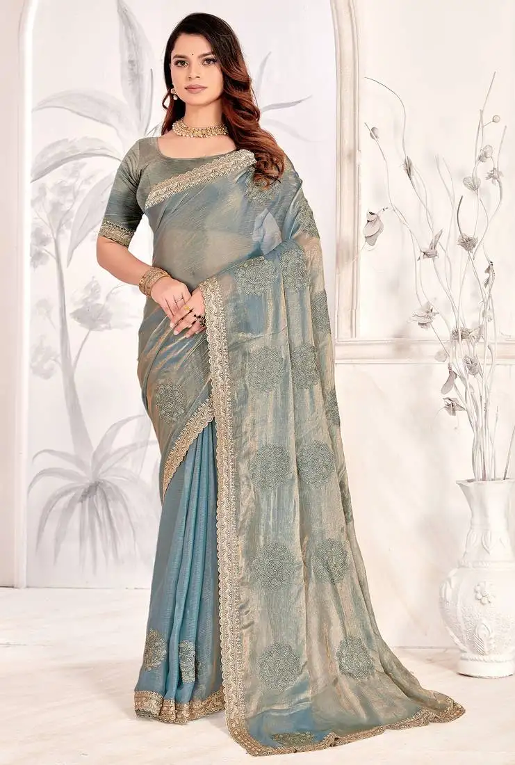 Grey sequin resham stone embroidered two tone silk saree with blouse