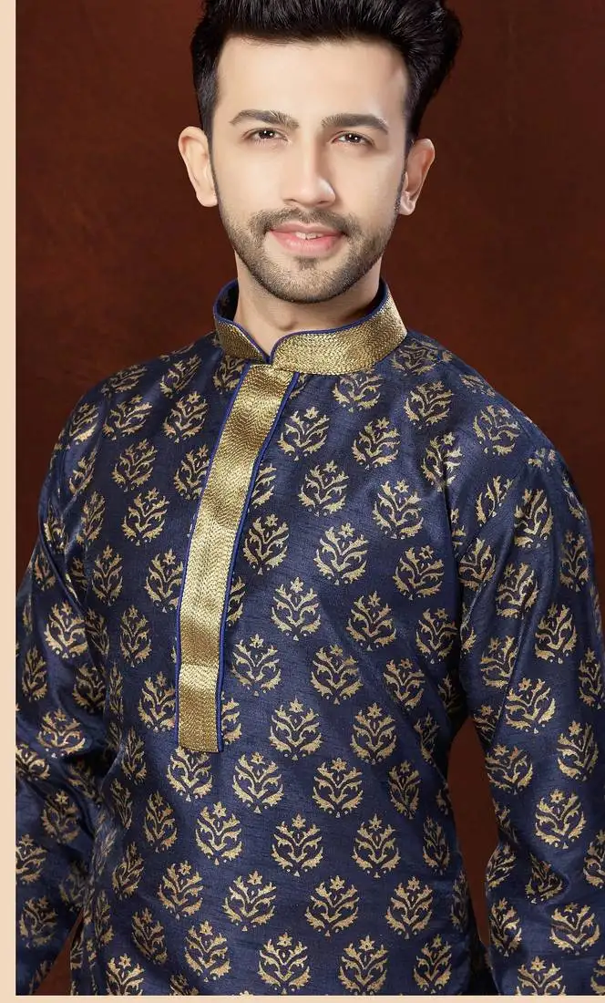 Navy blue bangloru silk printed kurta pajama for mens