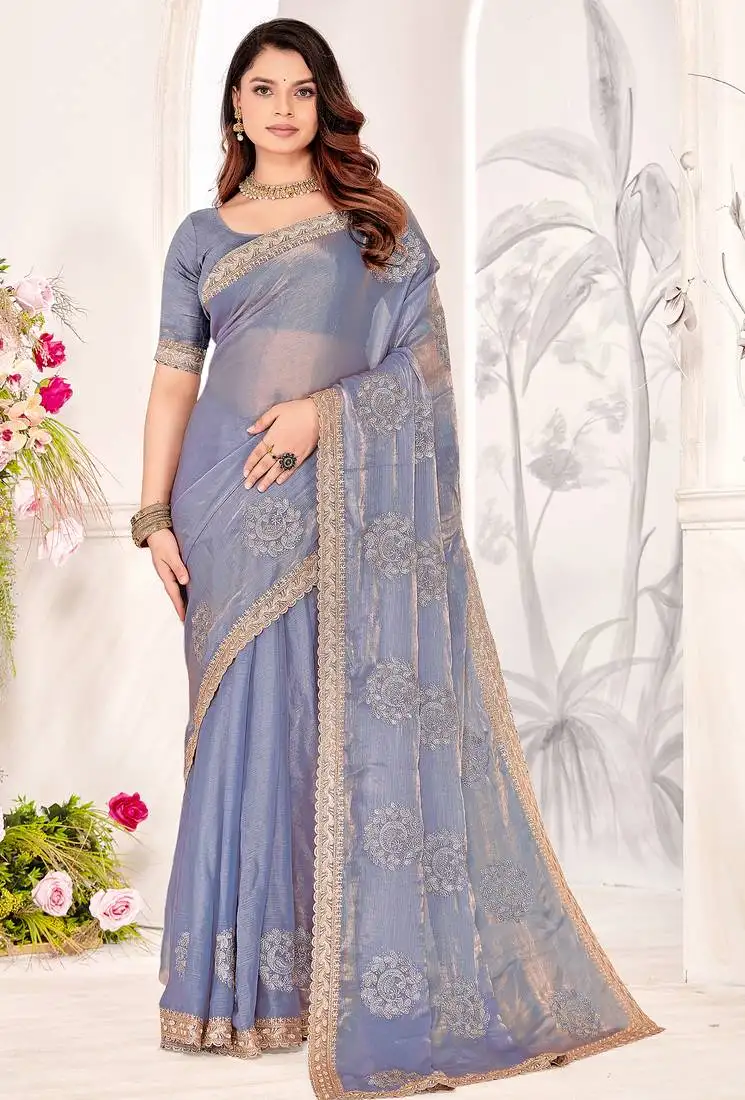 Lavender sequin resham stone embroidered two tone silk saree with blouse