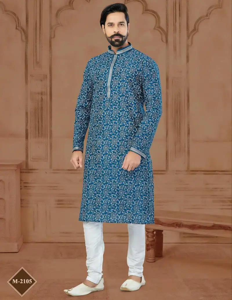 Blue silk dupion printed kurta pajama for mens