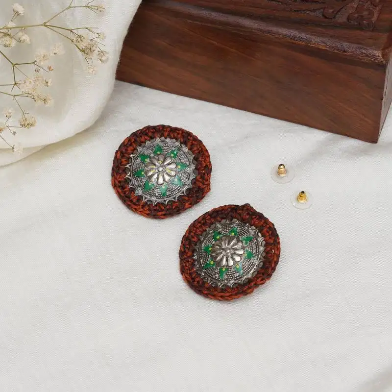Vintage green & copper crochet earrings