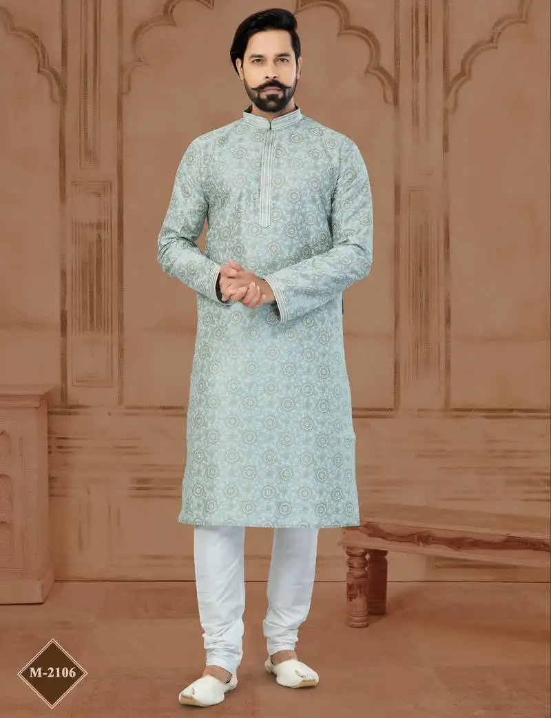 Grey silk dupion printed kurta pajama for mens