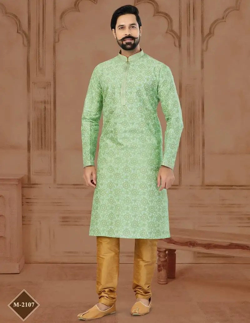 Green silk dupion printed kurta pajama for mens