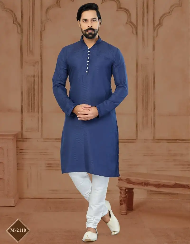 Navy blue star silk plain kurta pajama for mens