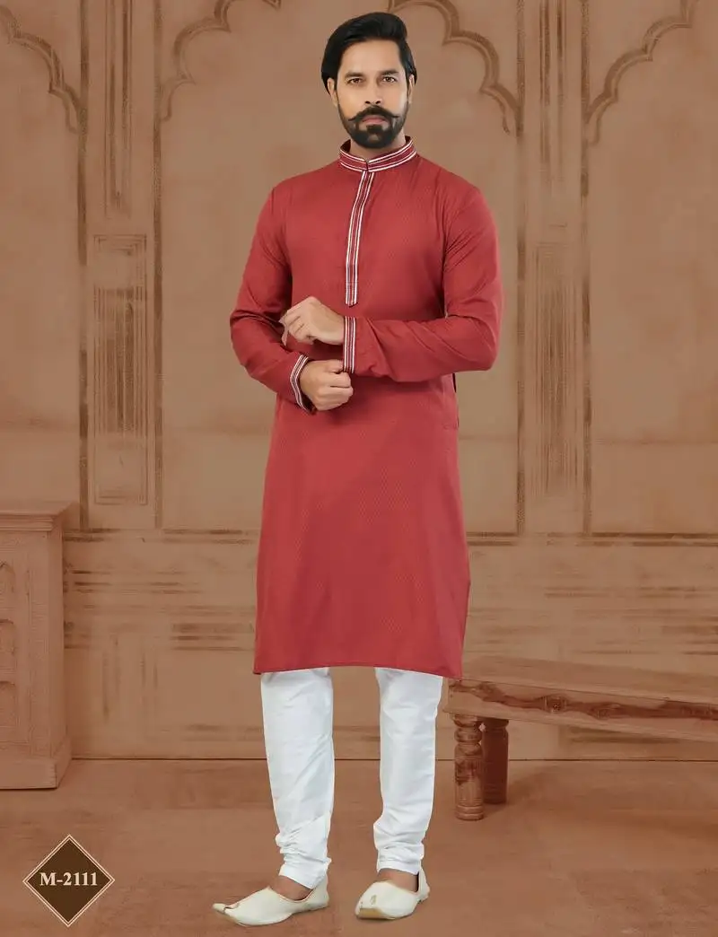 Red star silk plain kurta pajama for mens