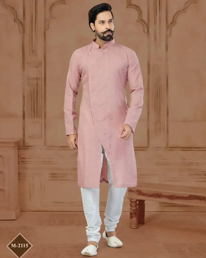 Peach linen cotton plain kurta pajama for mens