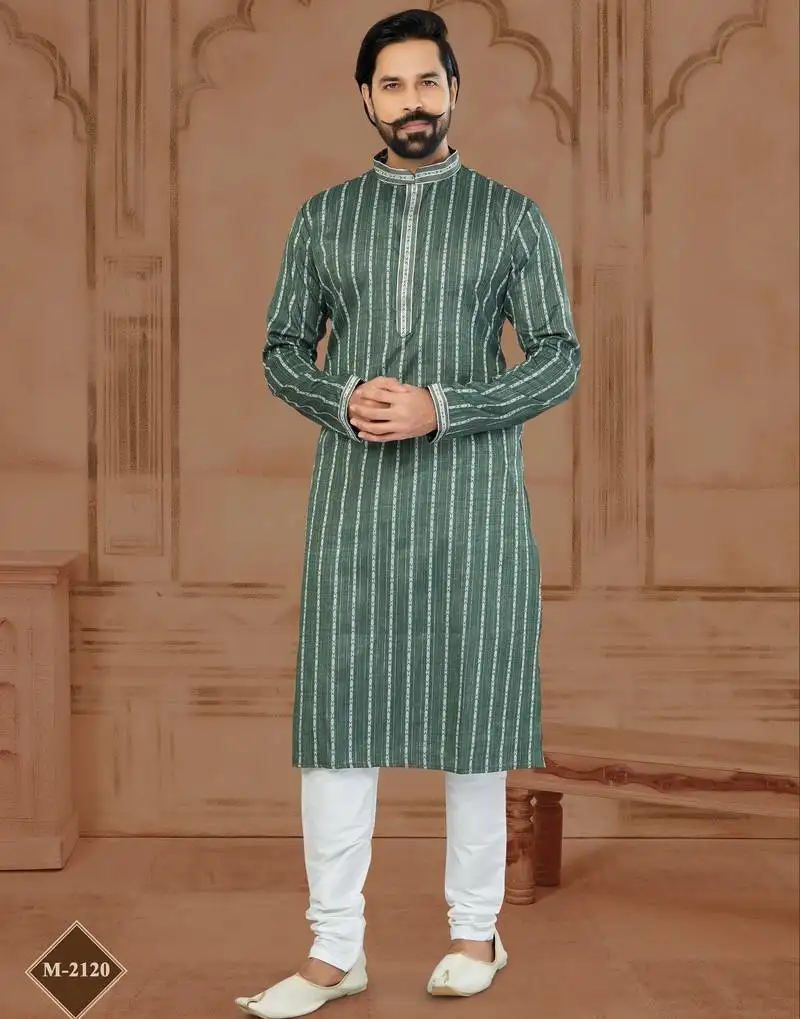 Green soft cotton woven kurta pajama for mens