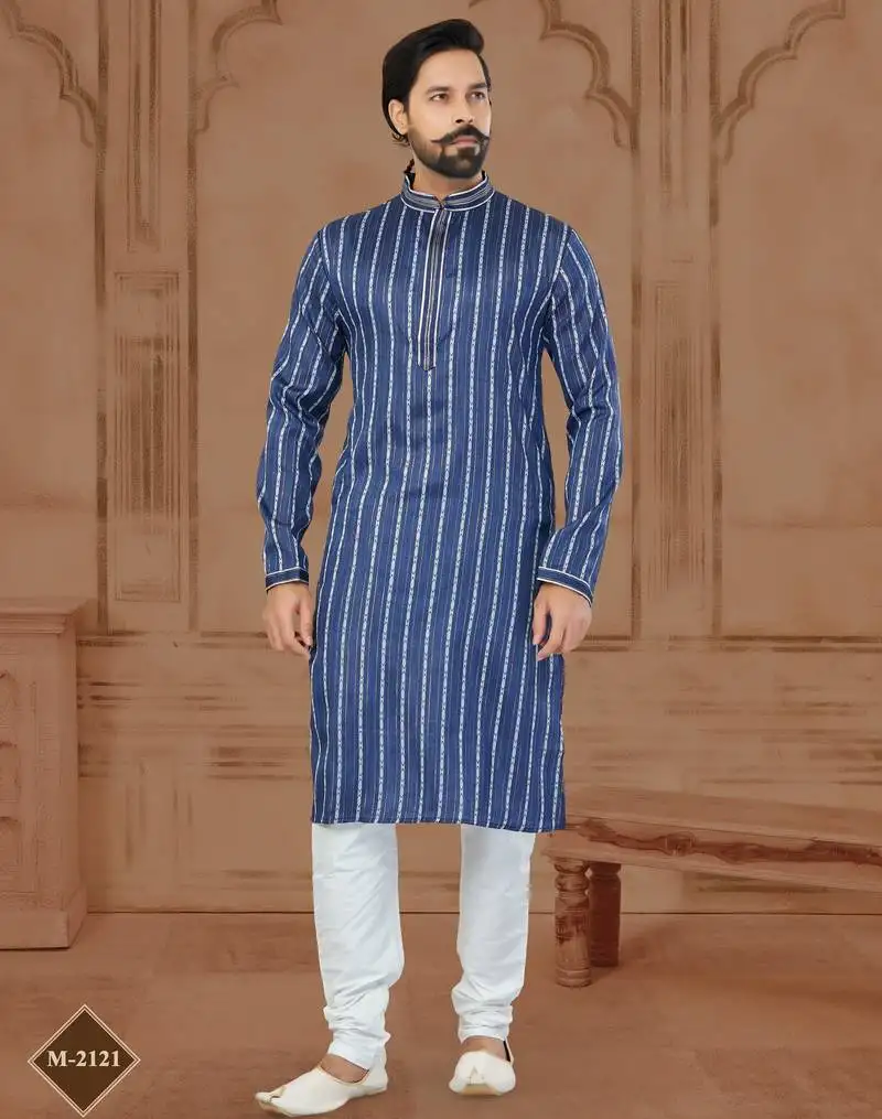 Blue soft cotton woven kurta pajama for mens