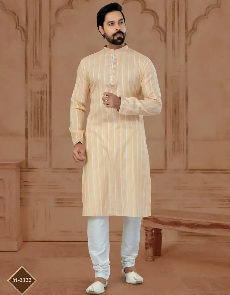Peach soft cotton woven kurta pajama for mens