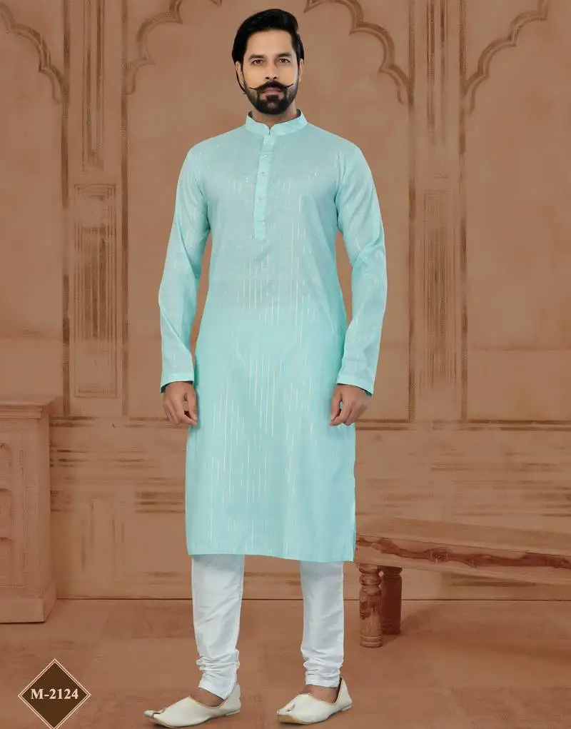 Sky blue soft cotton woven kurta pajama for mens