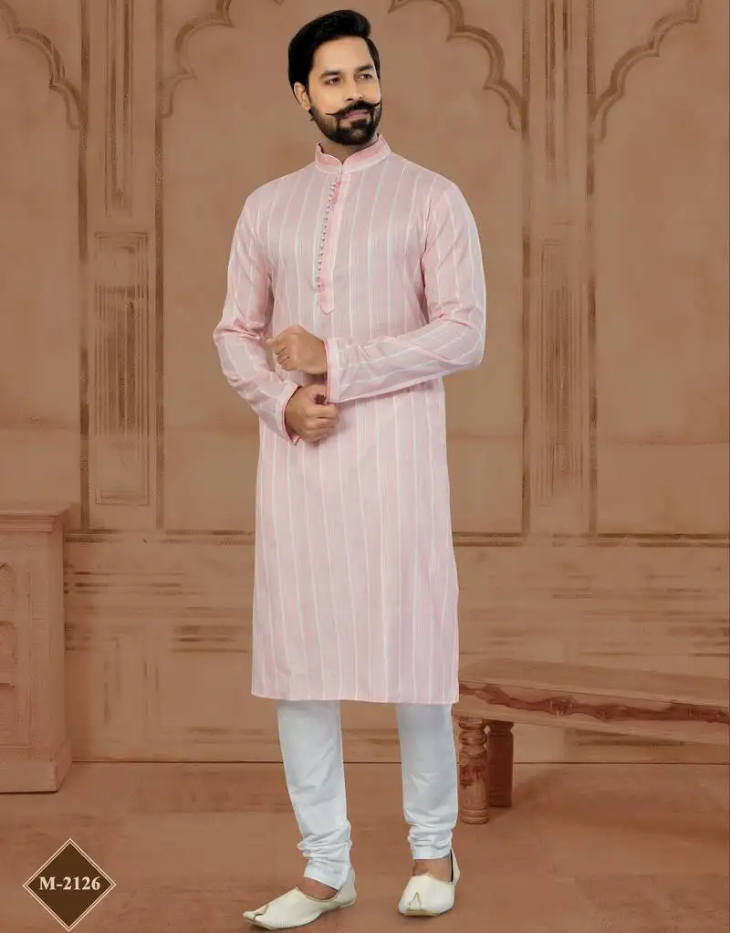 Light pink soft cotton woven kurta pajama for mens