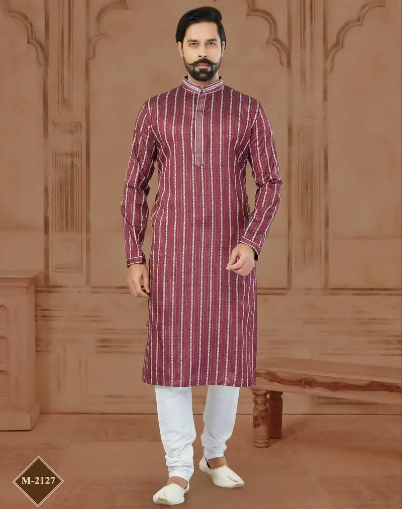 Dark maroon soft cotton woven kurta pajama for mens