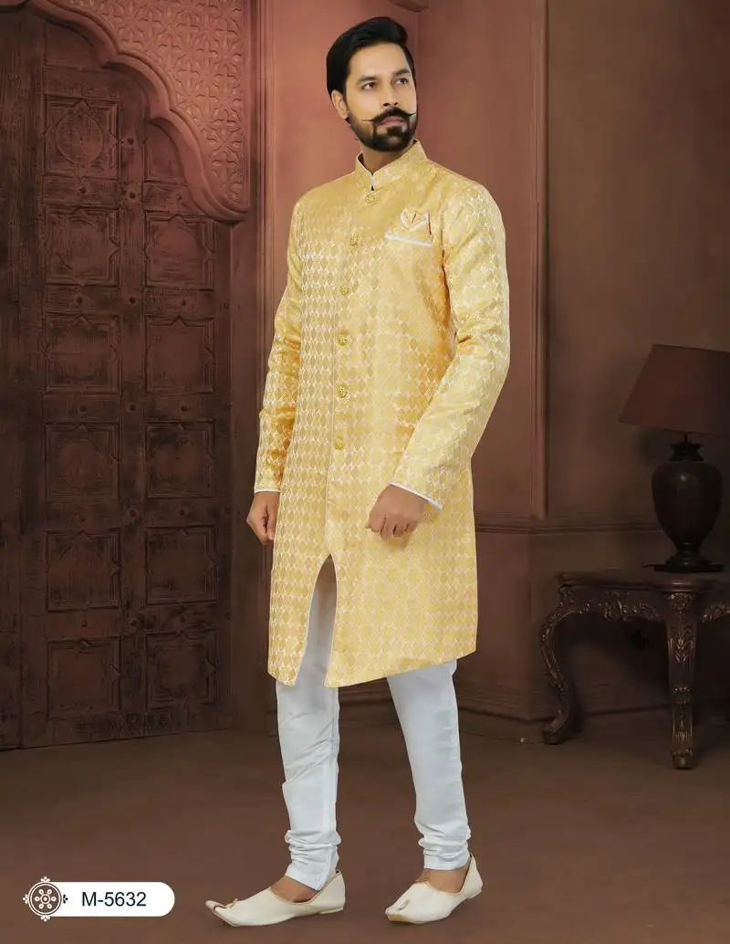 Yellow banarasi jackard havy classic with fancy button for mens