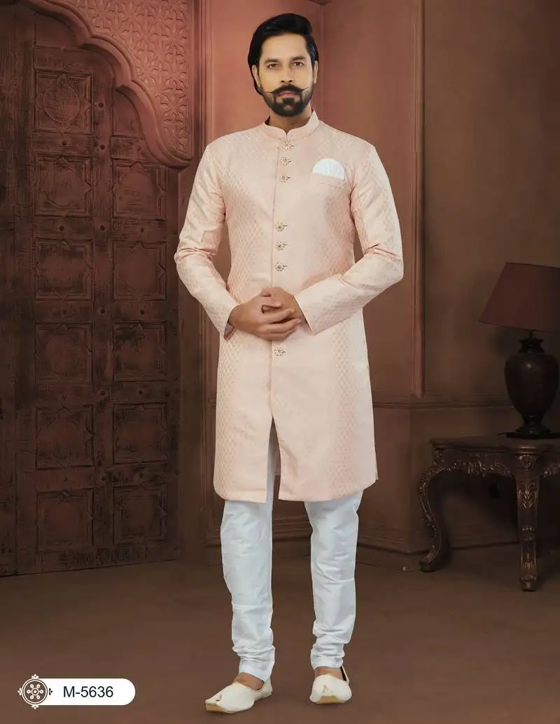 Peach banarasi jackard havy classic with fancy button for mens