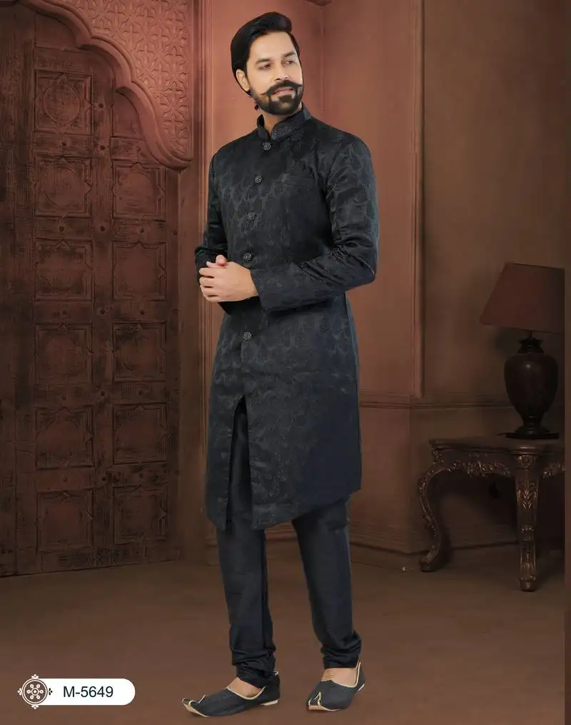 Black soft jackard havy classic indowestern with fancy button for mens