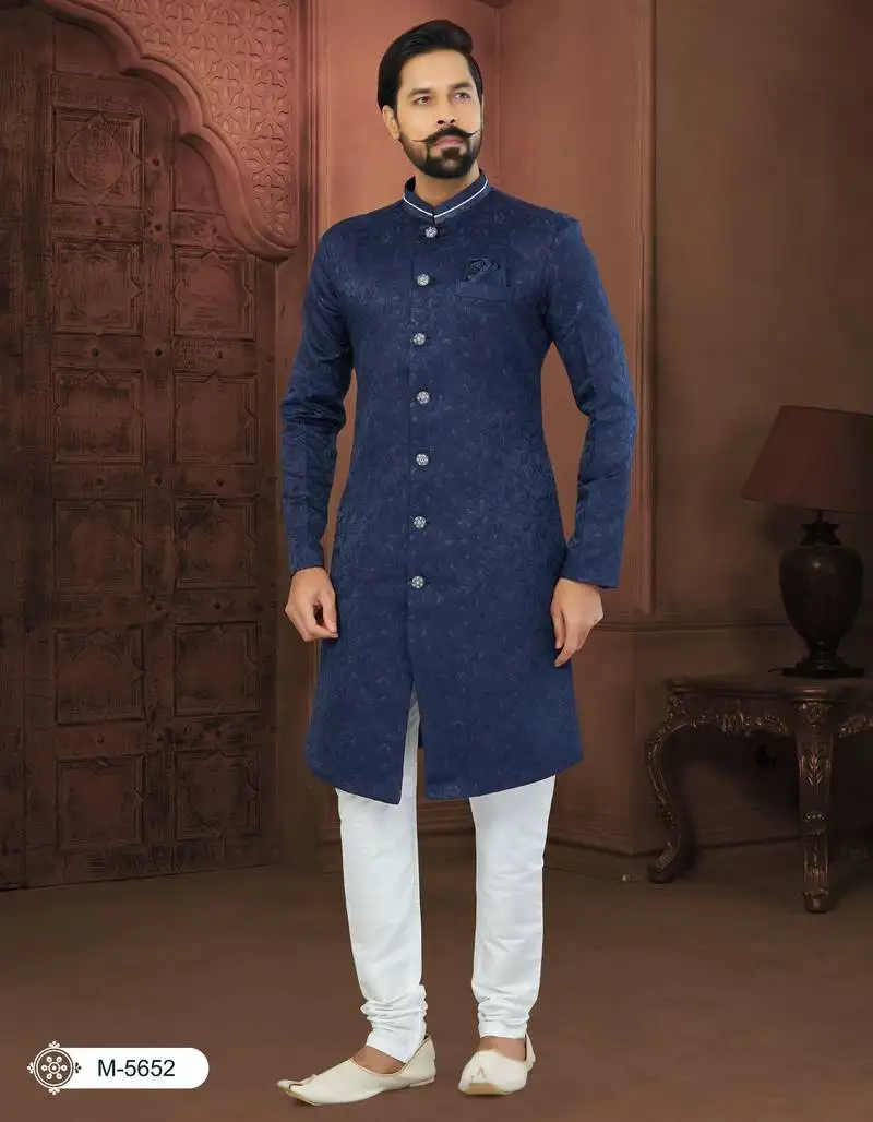 Navy blue soft jackard havy classic indowestern with fancy button for mens
