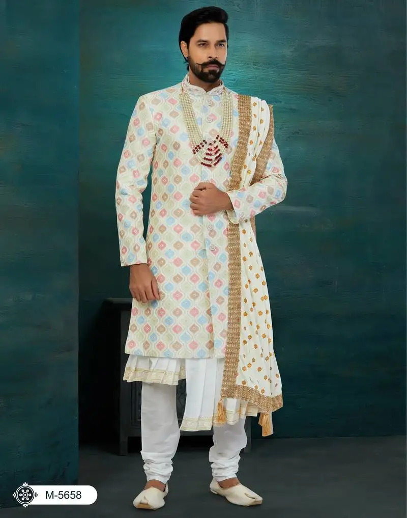 Golden & mix colour chikankari lucknawi havy classic::Wedding anarkali style with kurta for mens