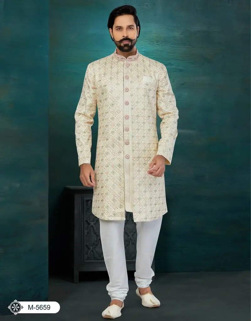 Golden & mix colour chikankari lucknawi havy classic::Wedding for mens