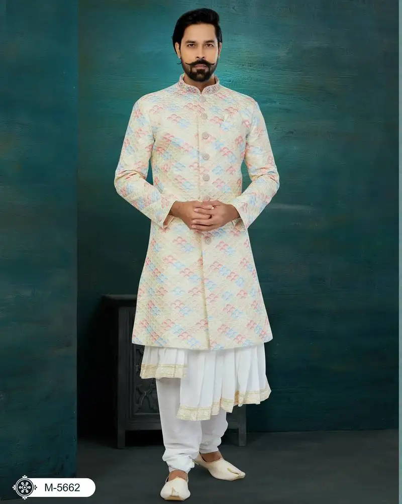 Golden & mix colour chikankari lucknawi & art silk havy classic::Wedding anarkali style with kurta for mens