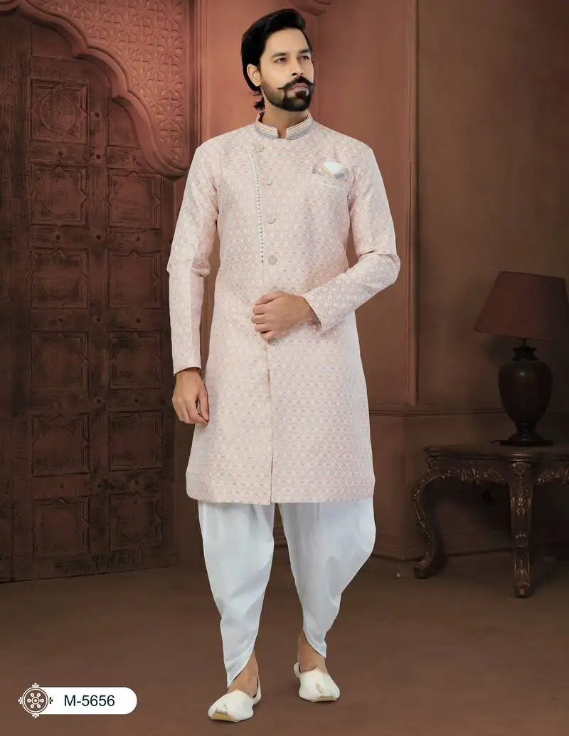 Peach banarasi zari jackard havy classic fancy button for mens