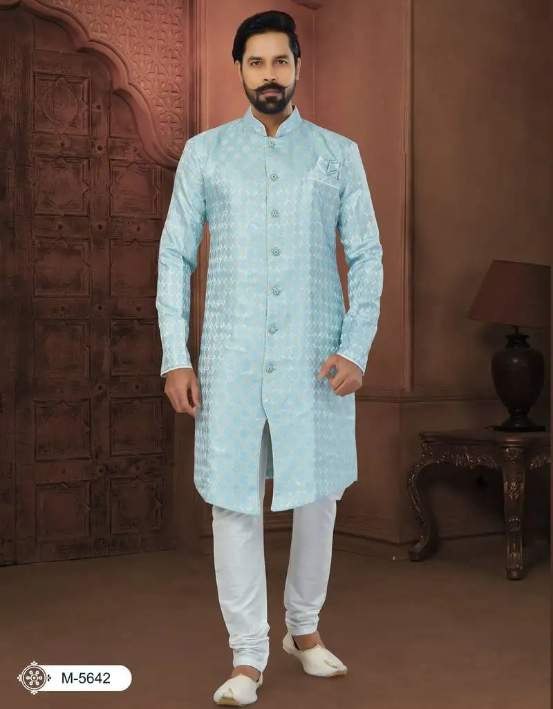 Sky blue banarasi jackard havy classic with fancy button for mens