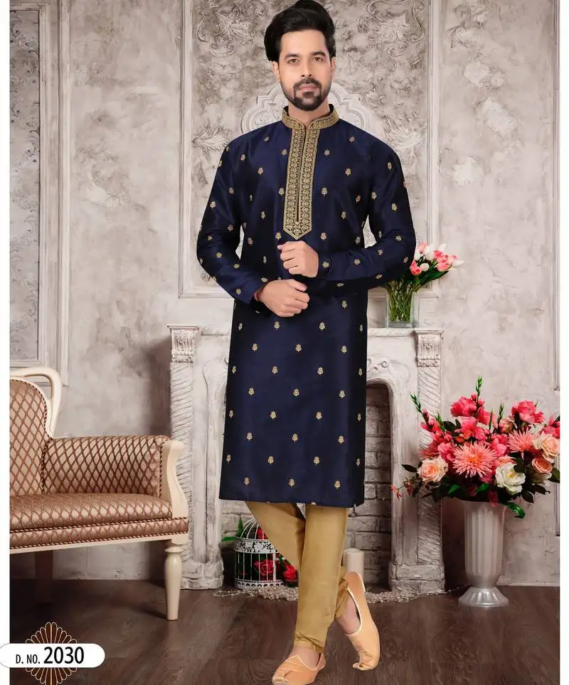 Navy blue silk doupin printed kurta pajama for mens
