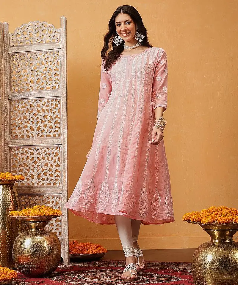 Hand embroidered peach cotton lucknowi chikankari anarkali a-line kurta