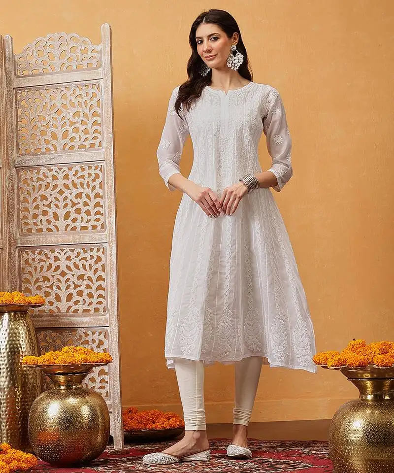 Hand embroidered white cotton lucknowi chikankari anarkali a-line kurta