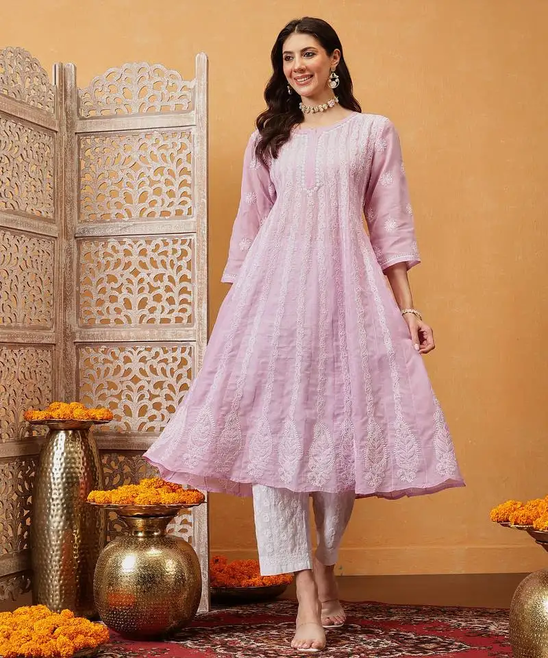 Hand embroidered lilac cotton lucknowi chikankari anarkali a-line kurta