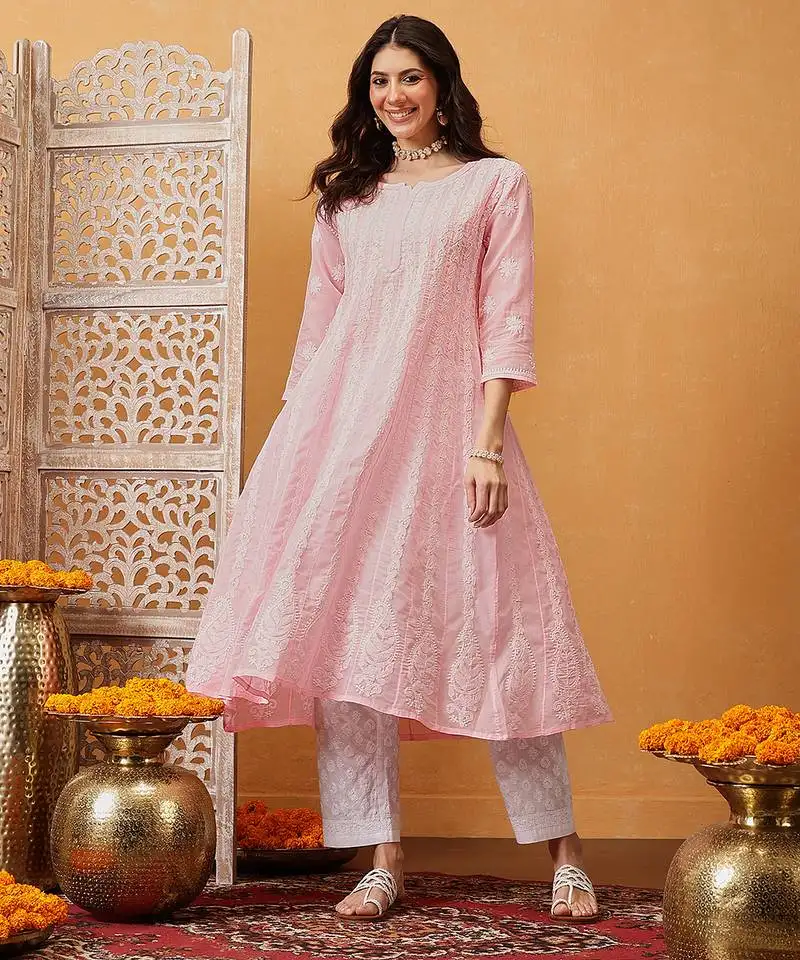 Hand embroidered pink cotton lucknowi chikankari anarkali a-line kurta