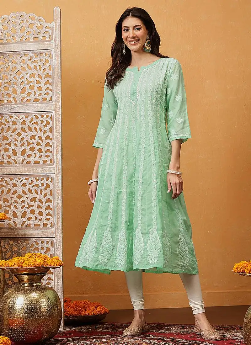 Hand embroidered sea green cotton lucknowi chikankari anarkali a-line kurta
