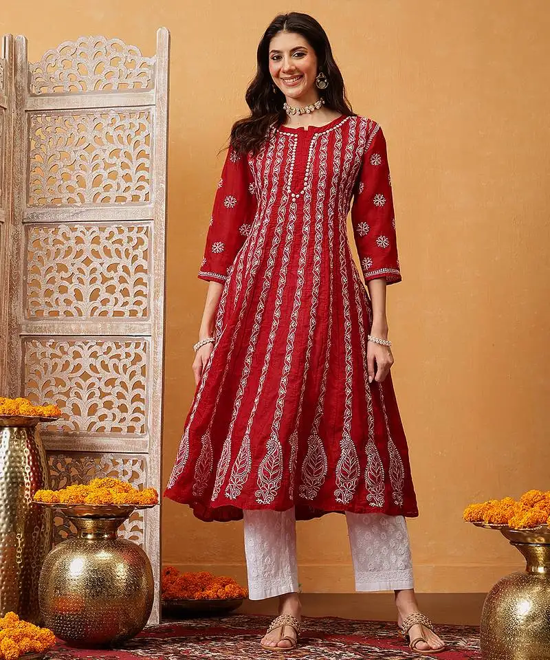 Hand embroidered blood red cotton lucknowi chikankari anarkali a-line kurta