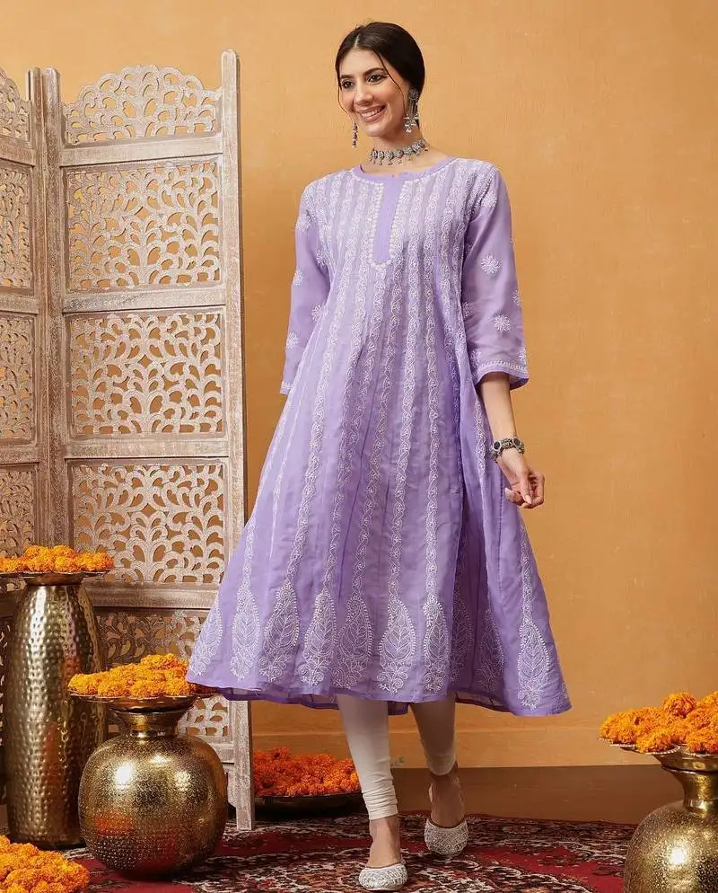 Hand embroidered mauve cotton lucknowi chikankari anarkali a-line kurta