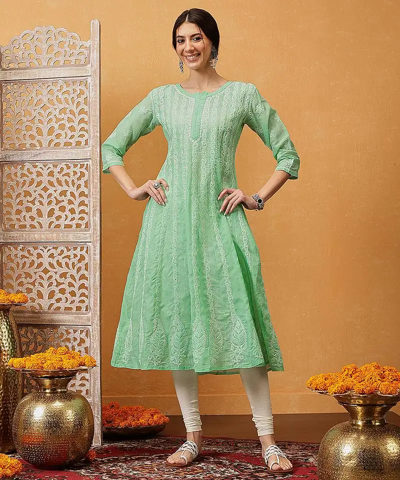 Hand embroidered dark sea green cotton lucknowi chikankari anarkali a-line kurta