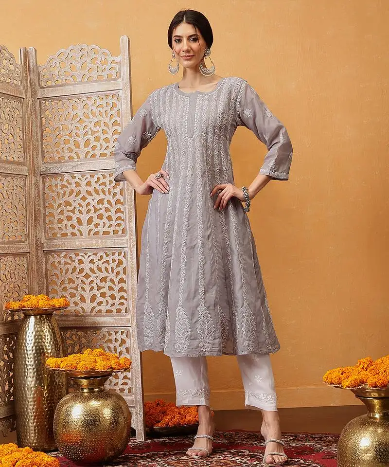 Hand embroidered grey cotton lucknowi chikankari anarkali a-line kurta