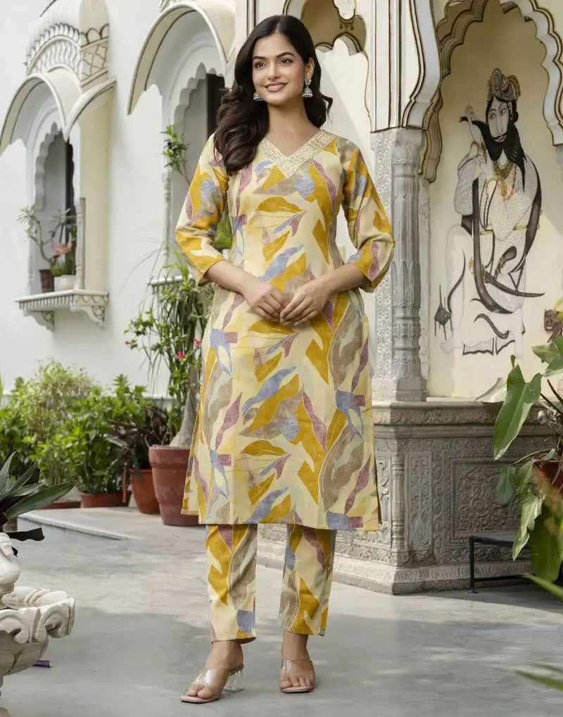 Yellow printed kurta pant embroidery neck work kurta set