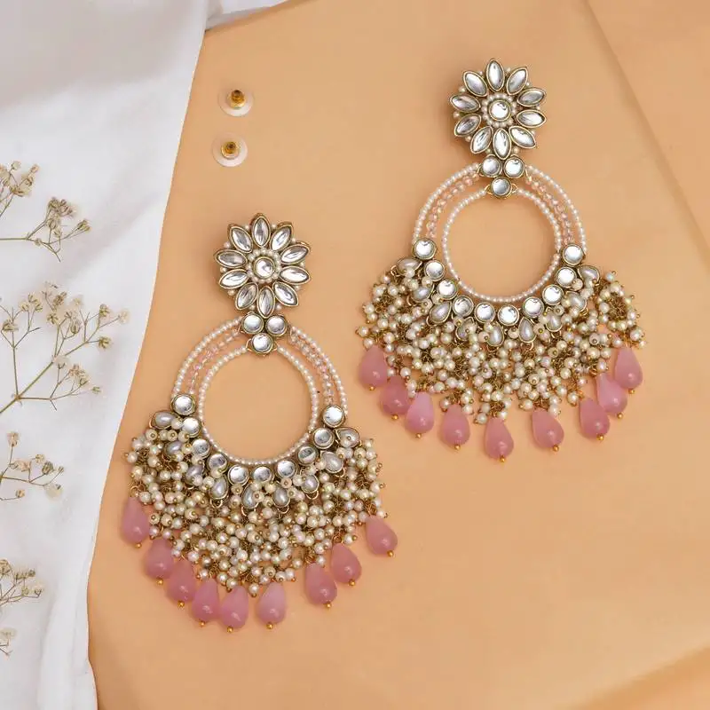 Rose pink crystal kundan chandbali earrings with pearls