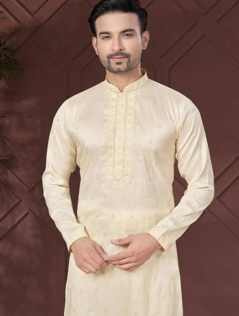 Cream pure silk with embroidery work kurta pyjama for mens wear