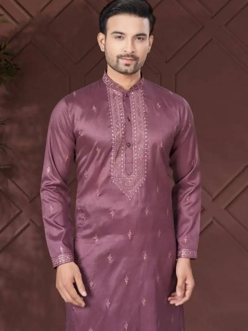 Purple pure silk with embroidery work kurta pyjama for mens wear